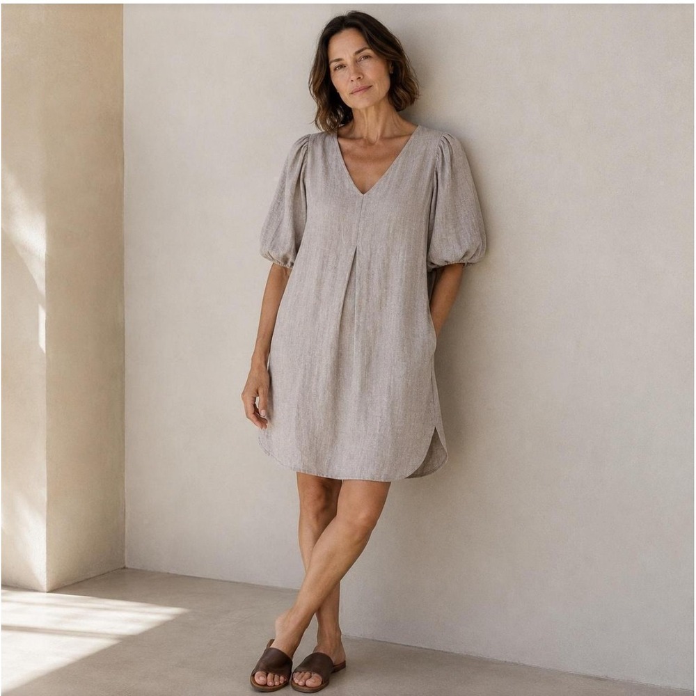 Cynthia Rowley Linen Blend V-Neck Puff Sleeve Shift Dress Beige Large